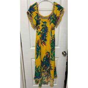Jealous Tomato Yellow Tropical Maxi Dress Smocked Square Neck Short Sleeve